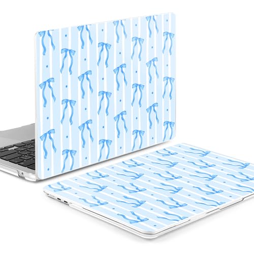 Image of MEEgoodo Case for M5 /M4 /M3 /M2 MacBook Air 13 inch 2026 2025 2024 2022, Fit Model A3449 /A3240 /A3113 /A2681, Case Compatible with MacBook Air 13.6-inch, Coquette Blue Ribbon Bow&Stripe