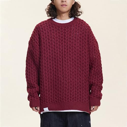 Pull tricoté pour hommes col rond rouge L à texture gaufrée premium