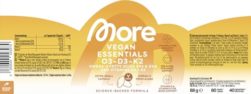 MORE Vegan Essentials O3-D3-K2, 80 Kapseln - Veganes Omega 3 aus Algenöl, mit Vitamin D3 & Vitamin K2, Kapselhülle aus Stärke (Design kann variieren) 4
