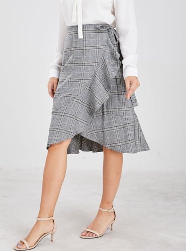 chouyatou Women's Elegant Work Wear Adjustable Waist Flounce A-Line Plaid Midi Wrap Skirt3