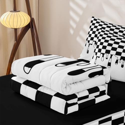 Image of Black White Checkered Cute Zip Up Bedding Full for Girls Boys,Checkerboard Drip Comforter Set with Elastic Fitted Sheet,Soft Indie Aesthetic Funky Geometric Kawaii Bedspread for Teens Bedroom Decor
