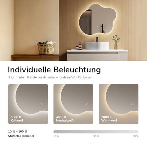EMKE Badspiegel mit Beleuchtung Asymmetrisch 60 × 50 cm, 3 Lichtfarben – Ansicht 2