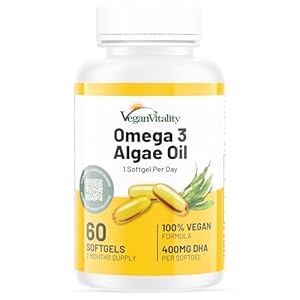 Vegan Vitality Vegan Omega 3 Supplement – 60 Plant Based Algae Oil Soft Gels Essential Fatty Acids with Vegan DHA for Joint, Heart & Immune Support Without EPA