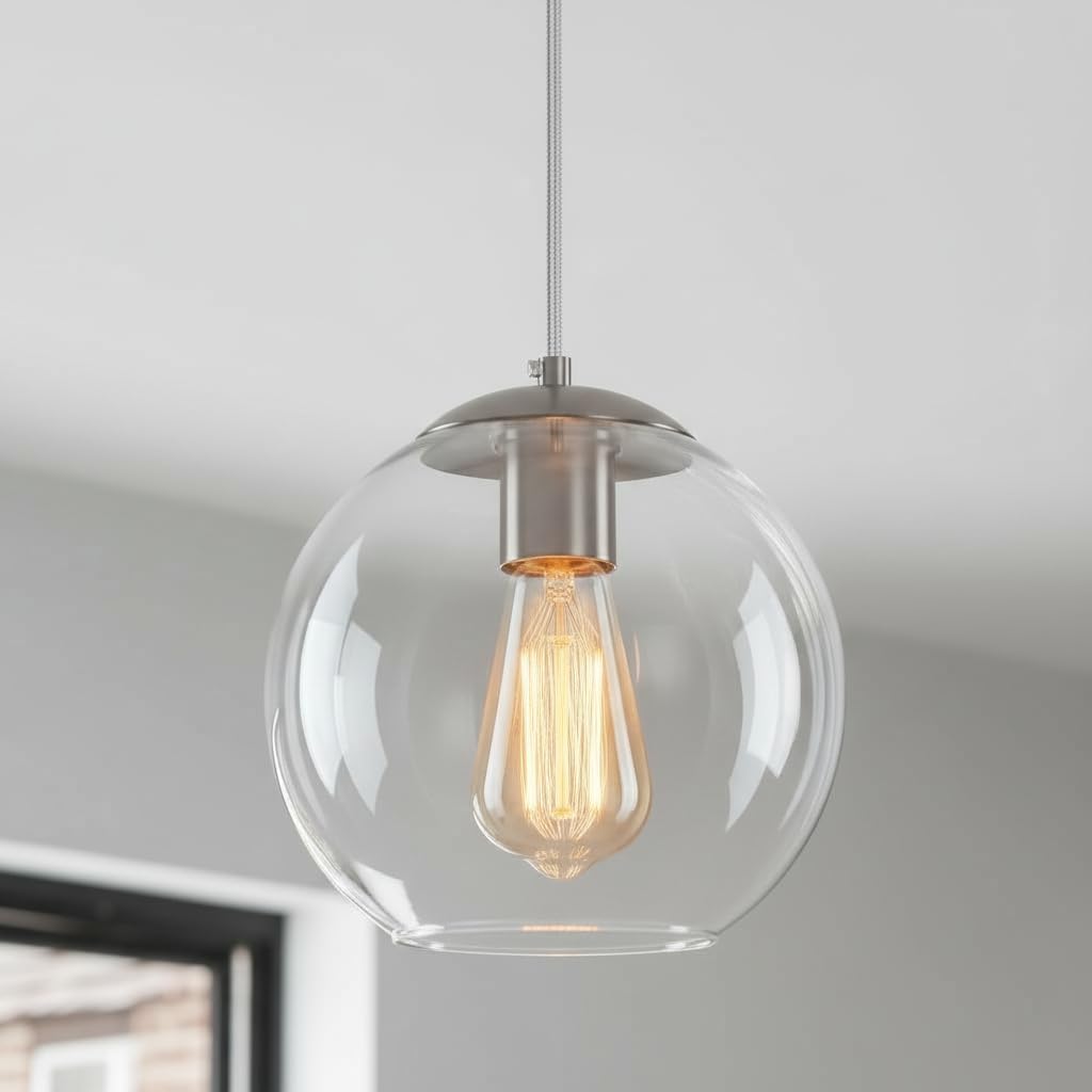 Globe Pendant Light, Modern Hanging Lighting Fixture, Classic Cluster Chandelier with Clear Glass Shades(Brushed Nickel, 1 Lights, 4.7 Inch)