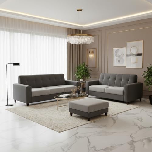 Image of Homeboy Luxe Velvet-Suede Fabric 3 + 2 Seater with Ottoman Dual Tone Sofa Set | Comfortable & Spacious Seating for Upto 6 Person | Modern Sofa Set for Living Room - Light Grey & Dark Grey