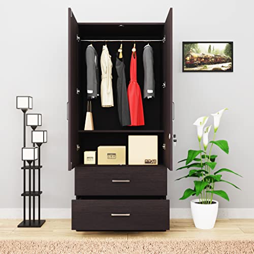 Image of VIKI Wardrobe | Wooden Almirah for Clothes,Door for Bedroom, 2 Door Wardrobe with Drawer & Hanging Space (Dark Wenge - 40D x 80W x 180H) | 1 Year Warranty | Free Assembly