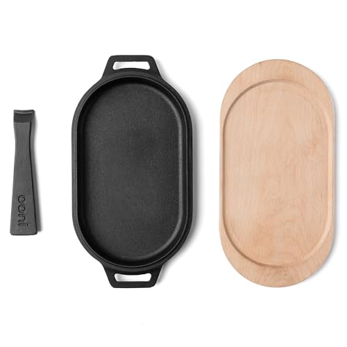 ooni Cast Iron Sizzler Pan - Griddle Frying Pan, 12' x 6' Sizzler Plate with Removable Handle and Bamboo Trivet, Pre-Seasoned Non-Stick Oven Safe Cookware, Pizza Oven and BBQ Accessories