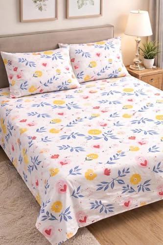 Image of Jashan 210 TC Glace Cotton Soft Fabric Elegent Beautiful Design Queen Size 90x90 inches Bedsheet Lightweight & Durable 1 Bed Sheet with 2 Pillowcase 16x26 inches 3 Pc Bedding Set - White Floral