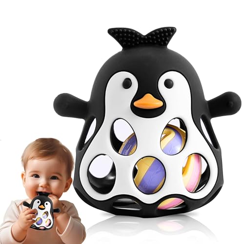 Farout Pinguin Rassel - Bei&szlig;ring Baby & Montessori Spielzeug - Motorikspielzeug Babyrassel f&uuml;r Babyspielzeug ab 3 Monate, Geschenk f&uuml;r Jungen & M&auml;dchen. (Schwarz)