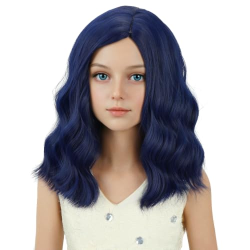 Image of PATTNIUM Navy Blue Wig for Kids Girls Short Dark Blue Wigs Side Part Shoulder Length Wavy Heat Resistant Synthetic Wig Halloween Cosplay Costume Party Wig