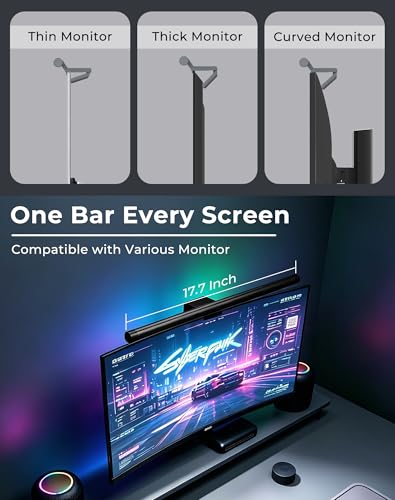 Image of RGB Monitor Light Bar with Wireless Remote, Dual-Source Gaming Computer Lamp for Curved & Flat Monitors (0.39 inch-1.18 inch), Ambient Backlight, Stepless Dimming (Ra95), No Glare Desk Setup