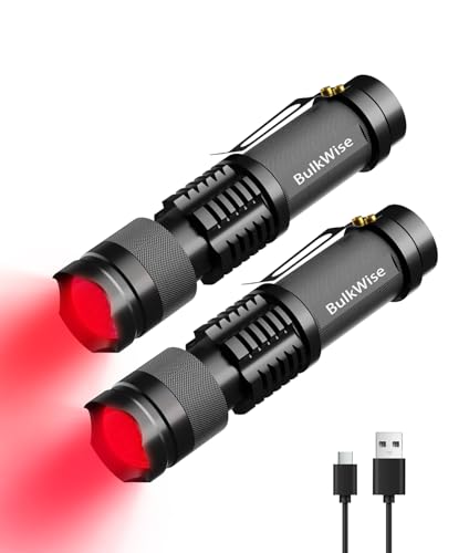 BulkWise Rechargeable Red Light Flashlight LED Single Mode Light 1 Mode LED Torch Scalable Red Flashlights for Astronomy Aviation Night Observation (2 Pack)