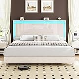 AMERLIFE Modern King Bed Frame with Floating Ergonomic Headboard, High Headboard Platform Bed with Smart RGBW LED Lights, High Gloss Wooden Appearance with Hidden Iron Frame, White Woodgrain
