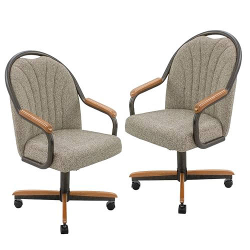 Chromcraft Douglas Set of 2 Casual Dining Chairs Classic Swivel Tilt Dining Chairs with Casters, Wooden Arm Metal Base Chairs with Rolling Wheels for Kitchen & Dining Room