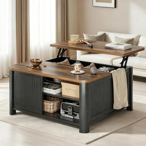 Image of Decofy Lift Top Coffee Table with Storage, Square Coffee Table with Large Hidden Storage & Adjustable Shelves, Farmhouse Center Table with Sliding Door for Living Room, Home Office, Black