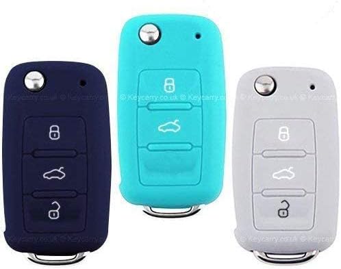 3 Pack VW SKODA Silicone Car Key Cover / Holder - Universal Accessories for Volkswagen VW Golf, Passat, Bora, New Beetle, Scirocco, Jetta, Touran, Fox, Polo, Tiguan, Eos, Sharan, Touareg, Phateon, Caddy, T5, Amarok, Lupo, Seat Altea, Alhambra, Leon, Ibiza,Exeo, Cordoba, Arosa, Skoda Octavia, Fabia, Superb, Roomster, Yeti (Navy, Neon Blue, Grey)