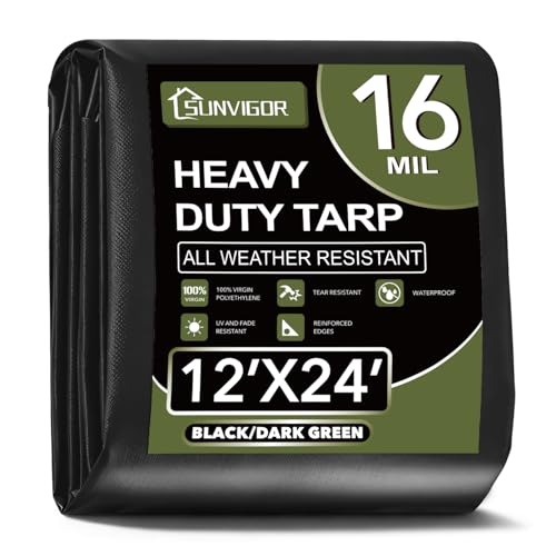 Sunvigor Tarp Waterproof 12x24Ft, Extra Thick 16 Mil Heavy Duty Tarp Cover, Tear & Fade Resistant, Outdoor Tarps with Brass Grommets and Reinforced Edges for Roof, Camping, Patio, Boat (Black/Green)