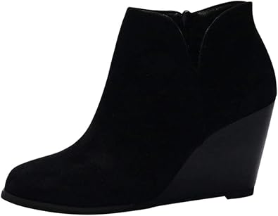 BORAMAX Womens Wedge Booties Fashion Suede Side Zipper Ankle Boots Non-Slip Thick Heel Round Toe Chelsea Winter Boots for Women