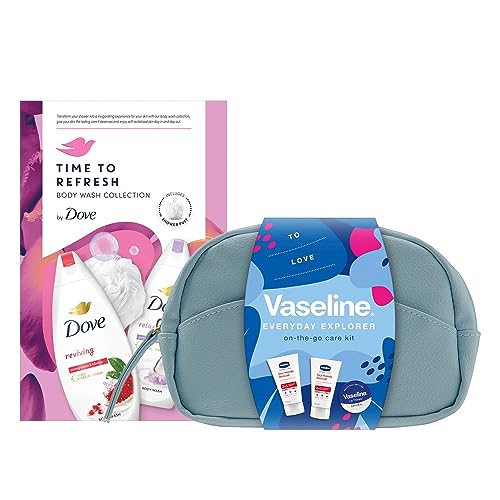 Dove Time To Refresh Body Wash Collection 2pcs Gift Set with Shower Puff and Vaseline Everyday Explorer HandCream & Lip Balm 3pcs Beauty Bag Gift Set Bundle for Her