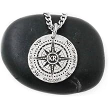 Silver Compass Necklace, Engraved into a Hammered Silver Coin, with a Date, GPS Coordinates, and Initials, By NameCoins