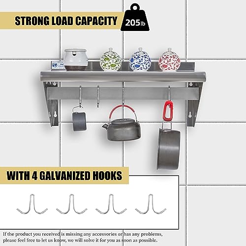 Image of Hally Stainless Steel Shelf with 4 Hooks 12 inch x 24 inch Wall Mounted Pot Rack, NSF Commercial Floating Shelving for Storage Hanging Pots, Pans, cookware in Restaurant, Kitchen, Home and Hotel