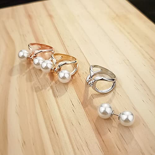 Image of Double Pearls Silk Scarf Ring Clip Brooch for Women Girls 10mm Artificial Shell Pearl Butterfly Bowknot Shawl Scarves Statement Finger Rings Size 8 Dainty Mother's Birthday Wedding Party Jewelry Gift