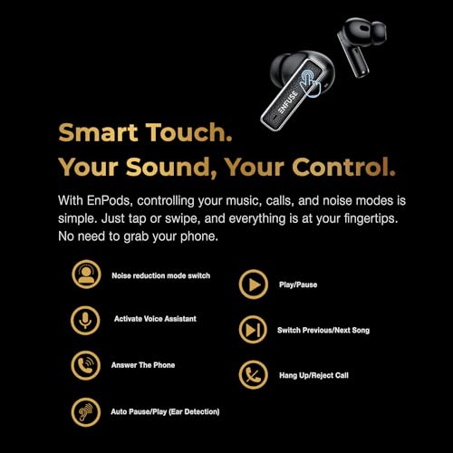 Image of Enfuse EnPods TWS Earphones with Dual Device Pairing, Ear Detect (auto Play /Pause), ~42dB ANC, ENC, Transparency Modes, 50 mAh, Super Extra Bass, IPX4, Touch, 400 mAh Wireless Charging Case, Earbuds