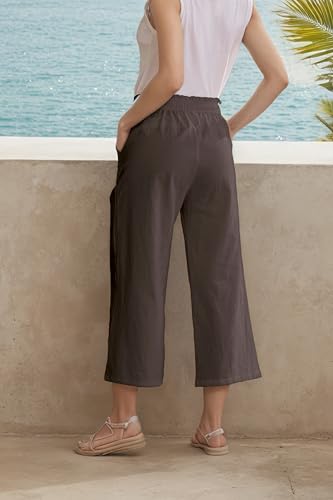 Image of LNX Womens Linen Capri Pants Wide Leg High Waisted Drawstring Casual Cropped Pants with Pockets