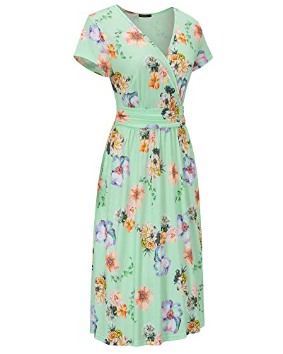 Image of OUGES Casual Summer Dress for Women Wrap V Neck A Line Midi Dresses with Pockets