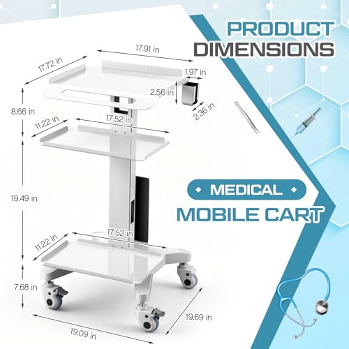 Image of DaisyInner Adjustable Mobile Medical Cart with Wheels, Laptop Rolling Cart with Storage Basket Large Tabletop Medical Trolley Workstation for Hospital, Lab Use (3 Tier)