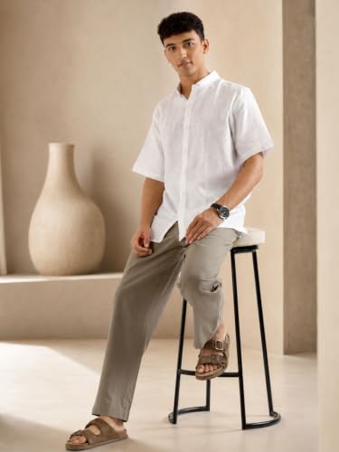 Image of SAADAA Men's 100% Cotton Pants | Mid-Rise Straight Fit Casual Trousers with Elastic Waistband and 3 Pockets | Everyday Wear