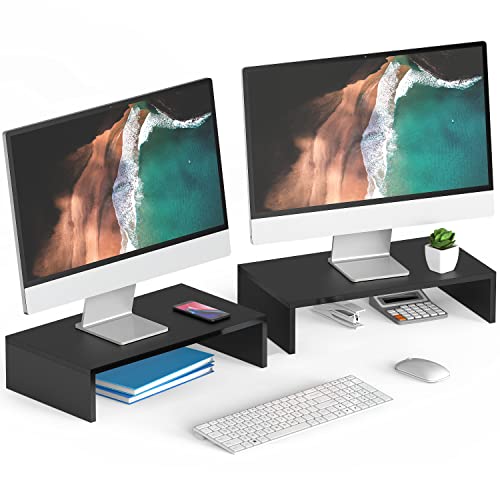 FITUEYES 2 Pack Monitor Stand - Computer Monitor Riser, Wood Desktop Stand for Laptop TV Computer Screen, Desk Organization, Office Supplies, Black, DT104202WB