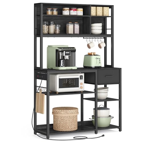 VASAGLE Bakers Rack with Charging Station, Coffee Bar, 15.7 x 31.5 x 71 Inches, Kitchen Microwave Stand, Adjustable Storage Shelves, Fabric Drawer, 12 Hooks, Golden Oak and Cloud White UKKS0