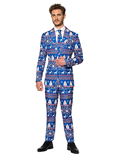 Suitmeister Men's Christmas Suit - Festive Holiday Fun Ugly Nordic X-Mas - Blue - Wit - Size: L
