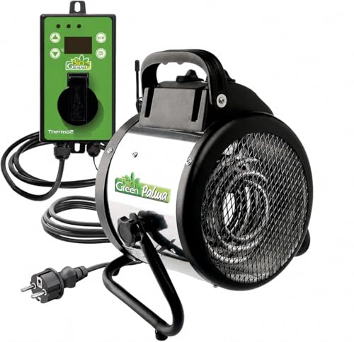 BioGreen Elektro-Gewächshausheizung Palma mit digitalem Thermostat | IPX4 spritzwassergeschützt, energiesparend | 163 m³/h Luftumwälzung | 2000 Watt