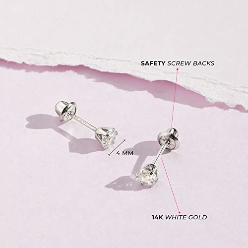 14k White Gold 4mm Baby Girl's Round Simulated Birthstone Prong Setting Screw Backs for Infants & Toddlers - Elegant Round Stud Cubic Zirconia Earrings For a Girls Birthday4