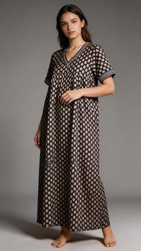 Image of Evolove Cotton Nighty Maxi for Women with Side Pocket | Floral Print Round Neck Short Sleeves Full Length Night Wear Gown