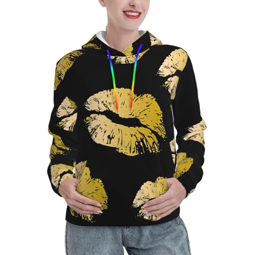 Sweat à capuche femme EdWal imprimé lèvres dorées pull ajusté avec poche