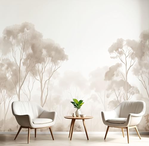 JEDTAKCT Papier Peint Motif Forêt D'Eucalyptus Brumeuse Tapisserie Panoramique Grand 3D Aquarelle Vintage Beige Papier Peint Soie Pour Salon Chambre Chambre D'Enfant Décoration Murale, 200X140Cm