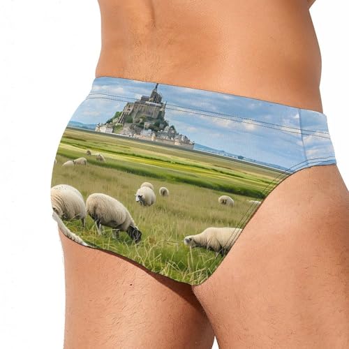 Sheep Eating Grass with Castle Mens Swim Briefs Quick Dry Swimming Trunks Training Swimsuit Low Rise Swimwear3