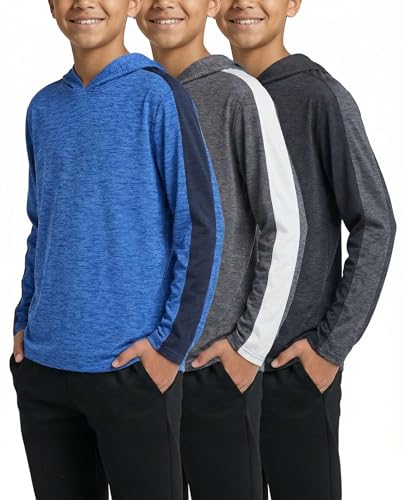 Real Essentials 3 Pack: Dry-Fit Youth Boys Teen Active Long Sleeve Hoodie Sweatshirts - Hooded Pullover Shirts