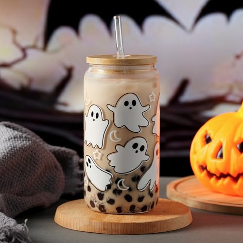 KMCCUMBER Halloween Ghost Fall Glass Cup with Lids and Straws, 16oz Ghost Fall Mug, Iced Coffee Glass Tumbler, Goth Gifts for Women Teens Stuff — view 3