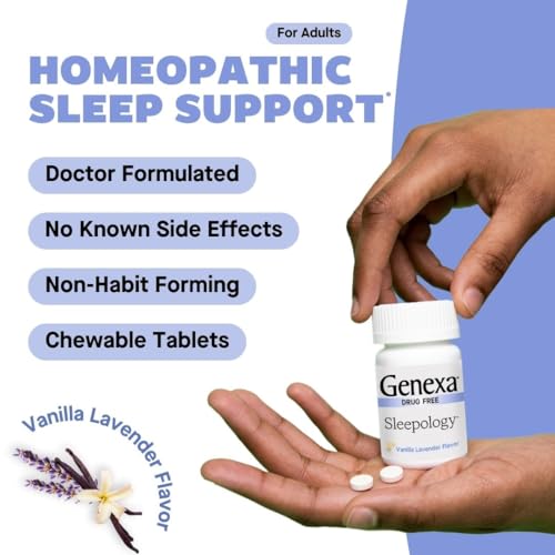 genexa sleepology for adults  melatonin free sleep aid  promotes rest  natural vanilla amp lavender flavor  certified organic amp non-gmo  homeopathic remedy made clean  60 chewable tablets
