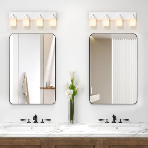 Image of IZORRO Bathroom Light Fixture White, White Glass Shade 30-Inch 4-Light | Bathroom Light Fixtures Over Mirror, Modern Farmhouse Vanity Lights, Rustic Restroom Lighting Fixtures