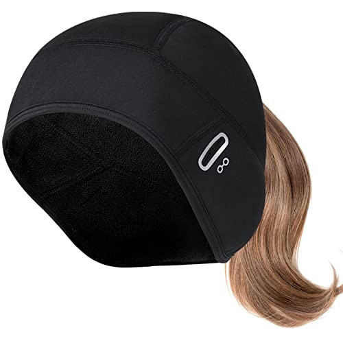 Lmsoed Fahrrad Mütze Damen, Helm-Unterziehmütze mit Brillen & Zopf Loch Winddichte Wasserdicht Wintermütze Warm Laufmütze für Radfahren Laufen Outdoor(ohne Brillen) Schwarze Cover