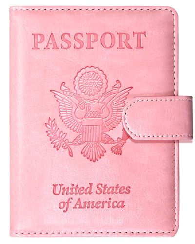 Sizobi Passport Holder for Travel RFID Passport Cover Wallet for Women Men Leather Passport Book Card Holder Case for International Travel Must Haves Accessories Cruise Ship Essentials Gifts Pink