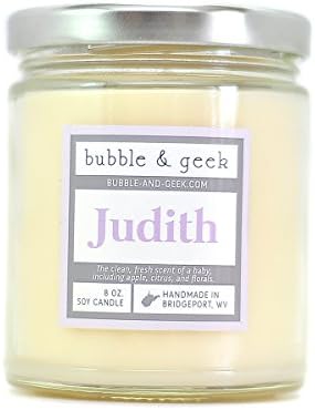 Bubble and Geek "Judith" Scented Soy Candle, 8 oz Jar, Handmade in the USA, baby scent