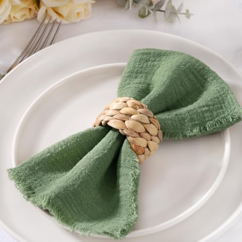 Image of MLMC 10 Pack Sage Green Cloth Napkins with Fringe Boho Linen Napkins Washable Reusable Rustic Dinner Table Decor 17 inchx17 inch for Wedding Party Bridal Baby Shower Home Decor
