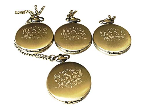 Personalized Pocket Watches 4 Groomsmen Unique Gifts Chain & Box Engraving Included Comes in 4 Colors (Gold Vintage)