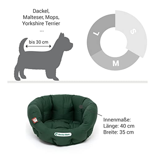 Doctor Bark - Hundebett rund - kuscheliger Hundekorb kleine Hunde mit orthopädischem Wendekissen und ToyBone - Waschbar bis 95°C - Made in Germany (S - 40x35 cm, Grün/Beige)